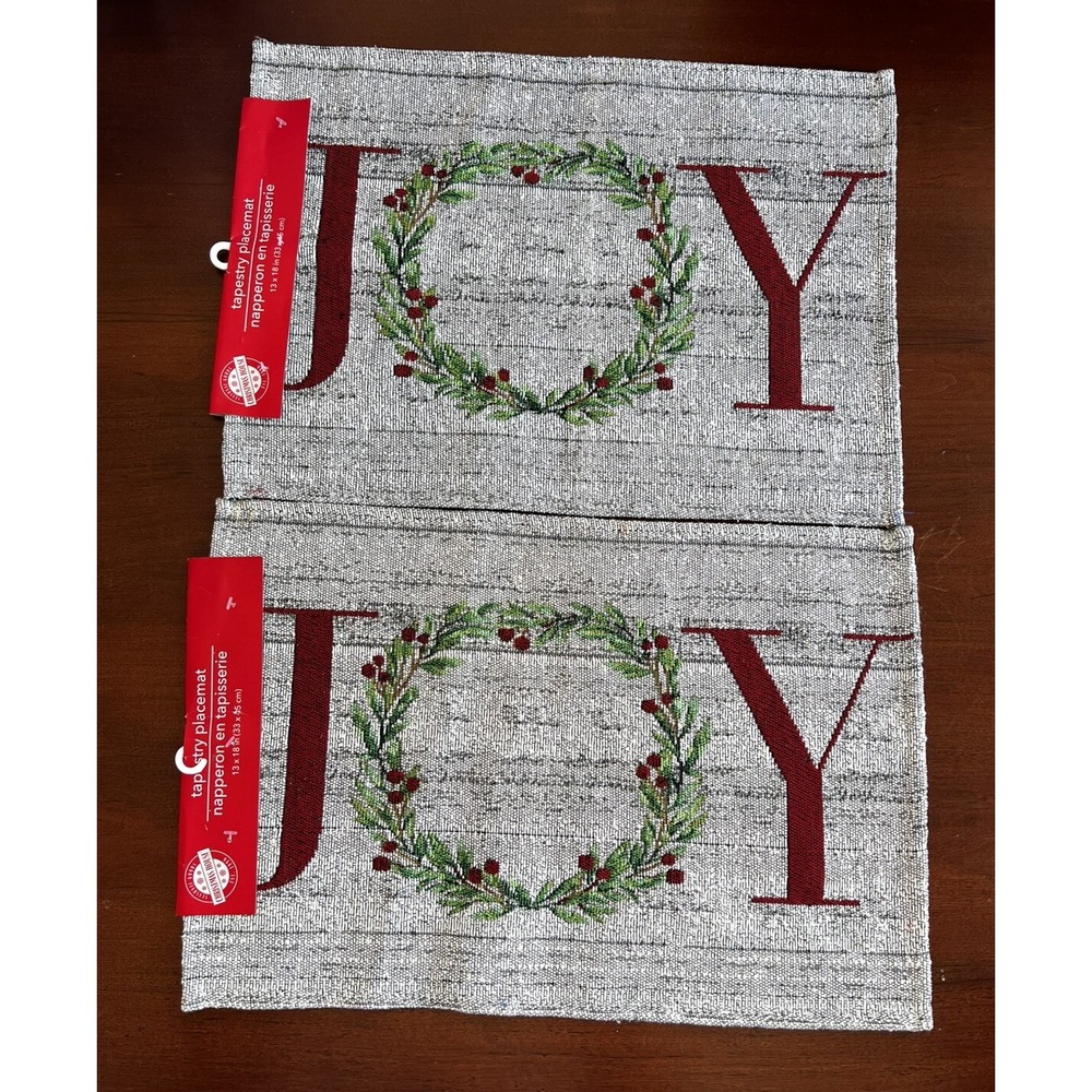 SET OF 2 TAPESTRY PLACEMATS 13"‎ X 18" CHRISTMAS JOY HOLLY WREATH NWT